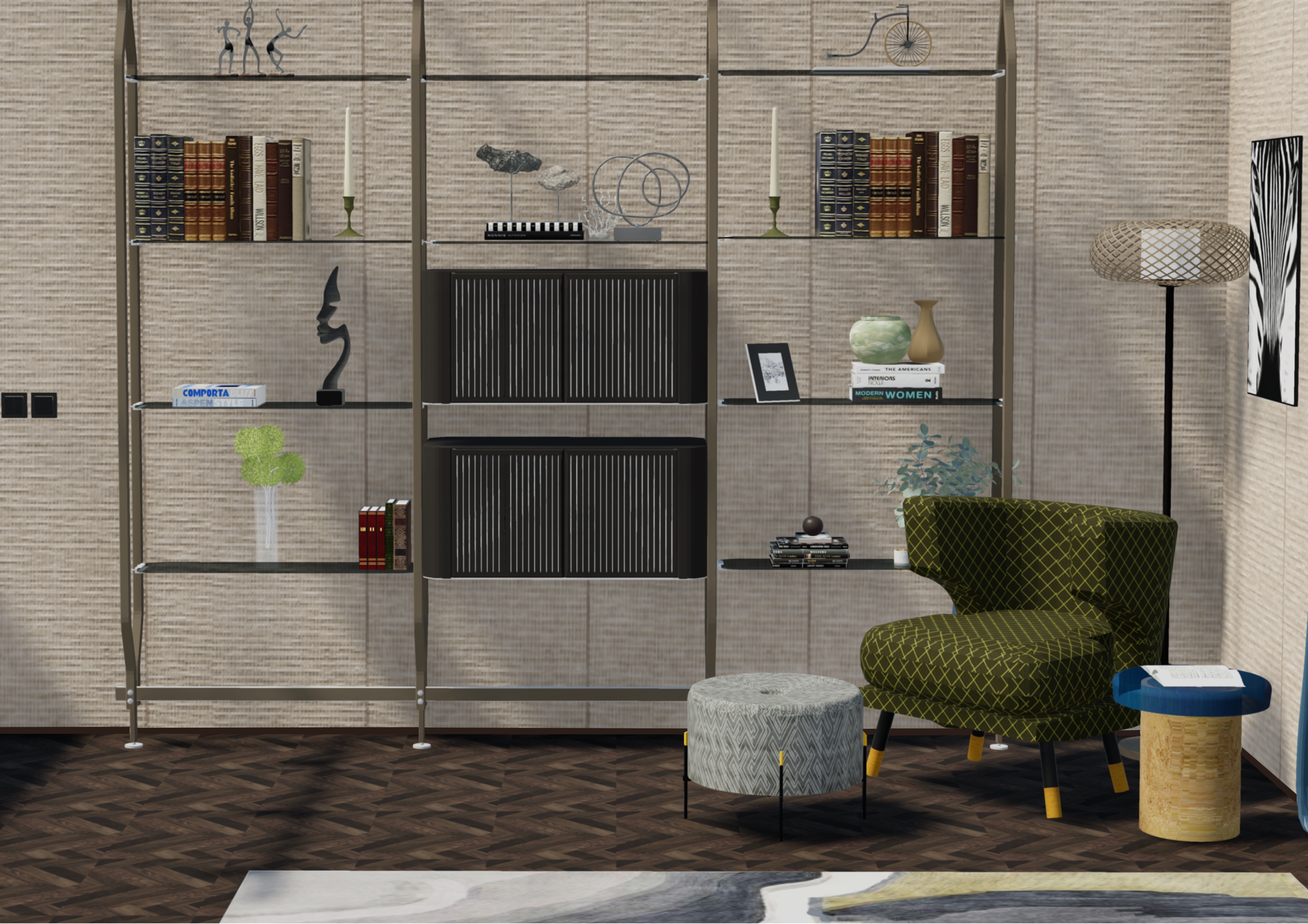 Refined bedroom design tailored for an accomplished professional. Bookcase view.