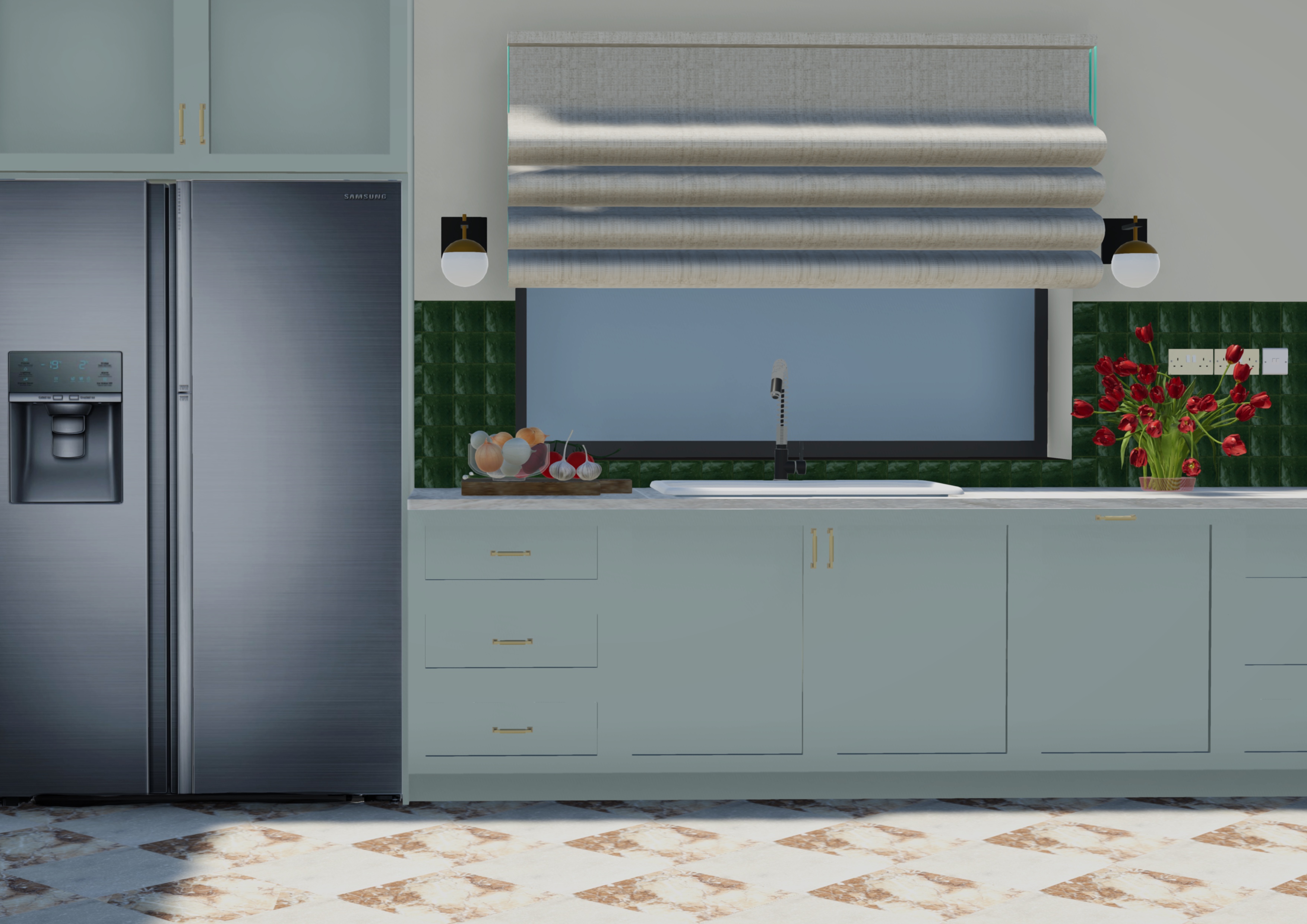 A contemporary kitchen with a vintage twist for a family of four. Front view.